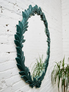 Round Leaf-Wrapped Mirror – Sculptural Green Resin Frame