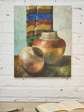 Load image into Gallery viewer, Textured Still Life Oil Painting – Earthen Vessels with Colorful Textile
