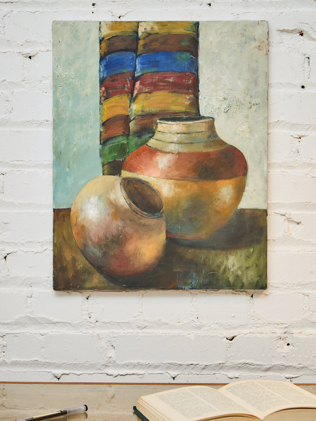 Textured Still Life Oil Painting – Earthen Vessels with Colorful Textile