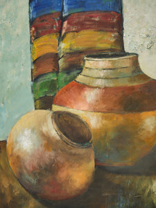Textured Still Life Oil Painting – Earthen Vessels with Colorful Textile