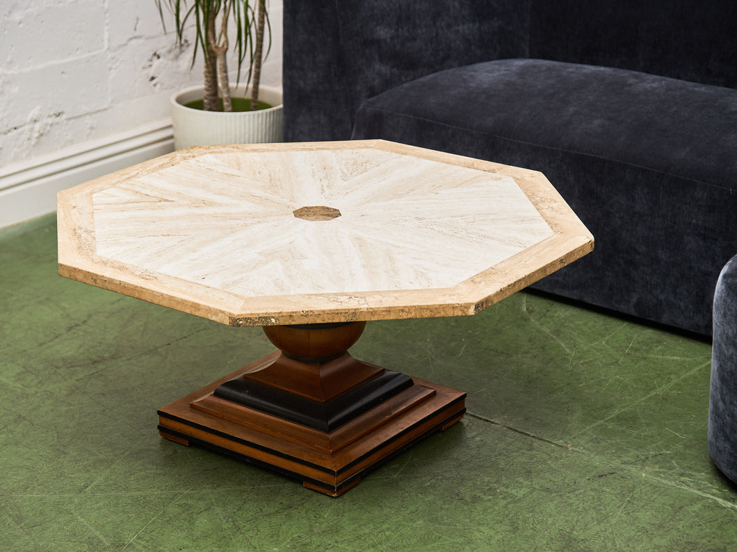 Octagon Travertine 1970s Coffee Table on Pedestal Base