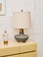 Load image into Gallery viewer, Textured Ceramic Lamp with Brass Detail &amp; Linen Shade
