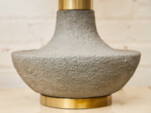 Load image into Gallery viewer, Textured Ceramic Lamp with Brass Detail &amp; Linen Shade
