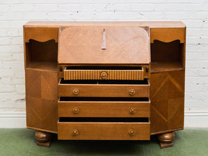 Circa 1910 English Art Nouveau Style Oak Side by Side Cannon Ball Feet Drop Front Secretary
