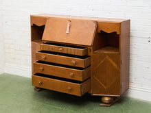 Load image into Gallery viewer, Circa 1910 English Art Nouveau Style Oak Side by Side Cannon Ball Feet Drop Front Secretary

