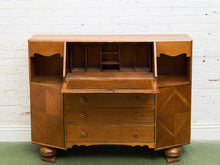 Load image into Gallery viewer, Circa 1910 English Art Nouveau Style Oak Side by Side Cannon Ball Feet Drop Front Secretary
