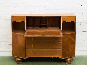Circa 1910 English Art Nouveau Style Oak Side by Side Cannon Ball Feet Drop Front Secretary