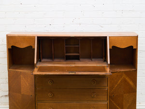 Circa 1910 English Art Nouveau Style Oak Side by Side Cannon Ball Feet Drop Front Secretary