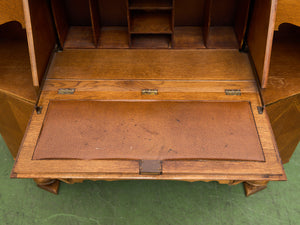 Circa 1910 English Art Nouveau Style Oak Side by Side Cannon Ball Feet Drop Front Secretary