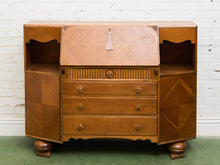 Load image into Gallery viewer, Circa 1910 English Art Nouveau Style Oak Side by Side Cannon Ball Feet Drop Front Secretary
