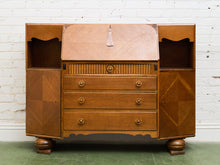 Load image into Gallery viewer, Circa 1910 English Art Nouveau Style Oak Side by Side Cannon Ball Feet Drop Front Secretary
