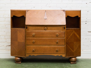 Circa 1910 English Art Nouveau Style Oak Side by Side Cannon Ball Feet Drop Front Secretary