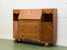 Load image into Gallery viewer, Circa 1910 English Art Nouveau Style Oak Side by Side Cannon Ball Feet Drop Front Secretary
