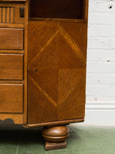 Load image into Gallery viewer, Circa 1910 English Art Nouveau Style Oak Side by Side Cannon Ball Feet Drop Front Secretary
