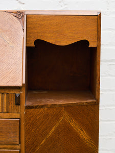 Circa 1910 English Art Nouveau Style Oak Side by Side Cannon Ball Feet Drop Front Secretary