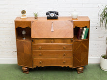 Load image into Gallery viewer, Circa 1910 English Art Nouveau Style Oak Side by Side Cannon Ball Feet Drop Front Secretary
