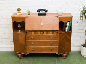 Circa 1910 English Art Nouveau Style Oak Side by Side Cannon Ball Feet Drop Front Secretary