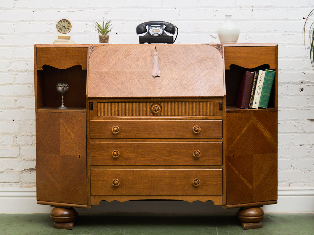 Circa 1910 English Art Nouveau Style Oak Side by Side Cannon Ball Feet Drop Front Secretary
