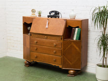 Load image into Gallery viewer, Circa 1910 English Art Nouveau Style Oak Side by Side Cannon Ball Feet Drop Front Secretary
