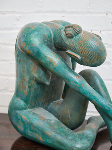 1950+ Hand Made Painted Teak Wood SculptureOrigin- Thailand Female Nude Figural Form - Green Tone on Wood Seated Deep Thought