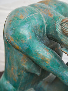 1950+ Hand Made Painted Teak Wood SculptureOrigin- Thailand Female Nude Figural Form - Green Tone on Wood Seated Deep Thought