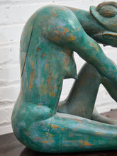 Load image into Gallery viewer, 1950+ Hand Made Painted Teak Wood SculptureOrigin- Thailand Female Nude Figural Form - Green Tone on Wood Seated Deep Thought
