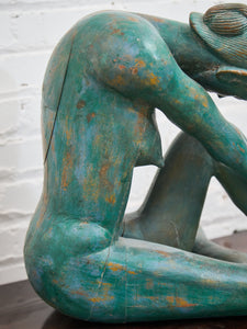 1950+ Hand Made Painted Teak Wood SculptureOrigin- Thailand Female Nude Figural Form - Green Tone on Wood Seated Deep Thought
