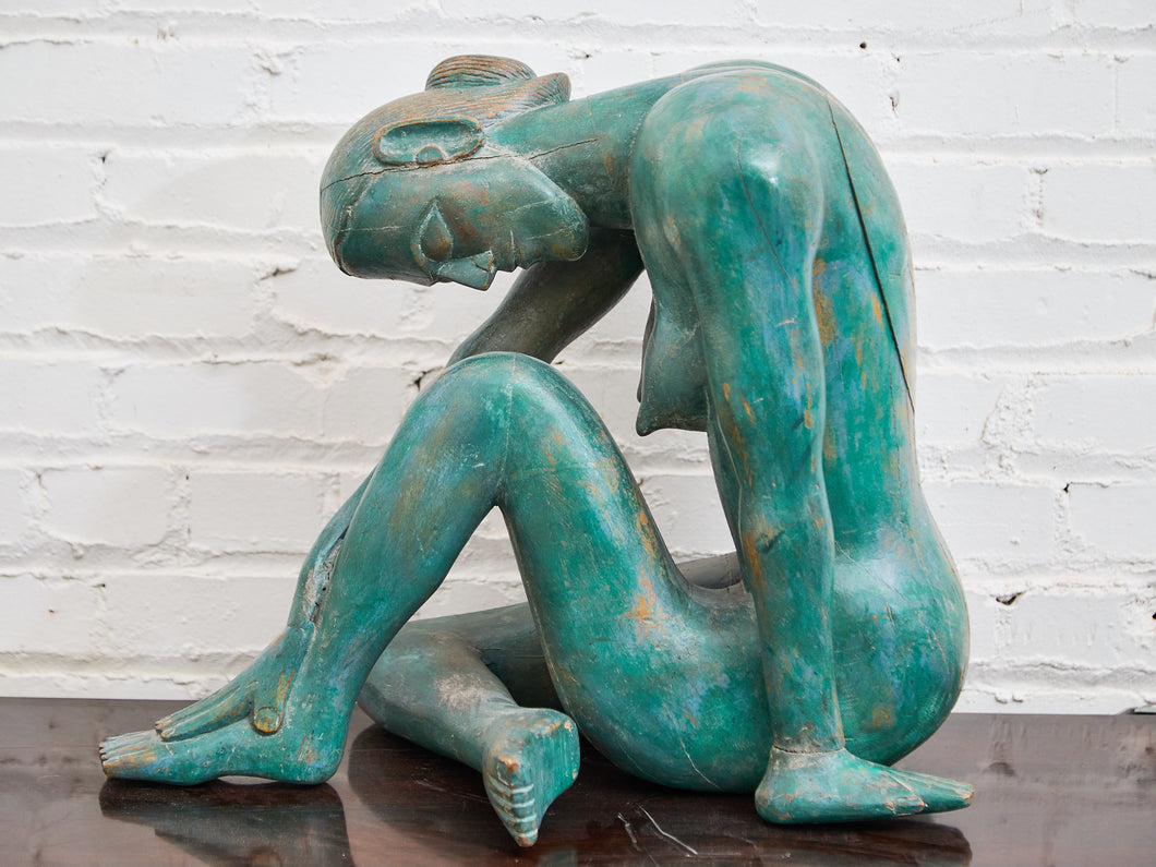 1950+ Hand Made Painted Teak Wood SculptureOrigin- Thailand Female Nude Figural Form - Green Tone on Wood Seated Deep Thought
