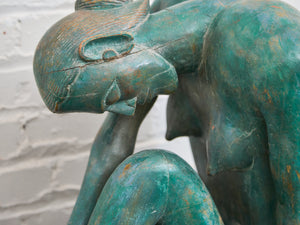 1950+ Hand Made Painted Teak Wood SculptureOrigin- Thailand Female Nude Figural Form - Green Tone on Wood Seated Deep Thought