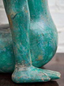 1950+ Hand Made Painted Teak Wood SculptureOrigin- Thailand Female Nude Figural Form - Green Tone on Wood Seated Deep Thought