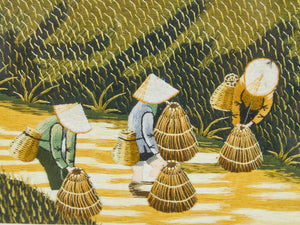 Framed Vietnamese Silk Embroidery of Rice Harvest Scene