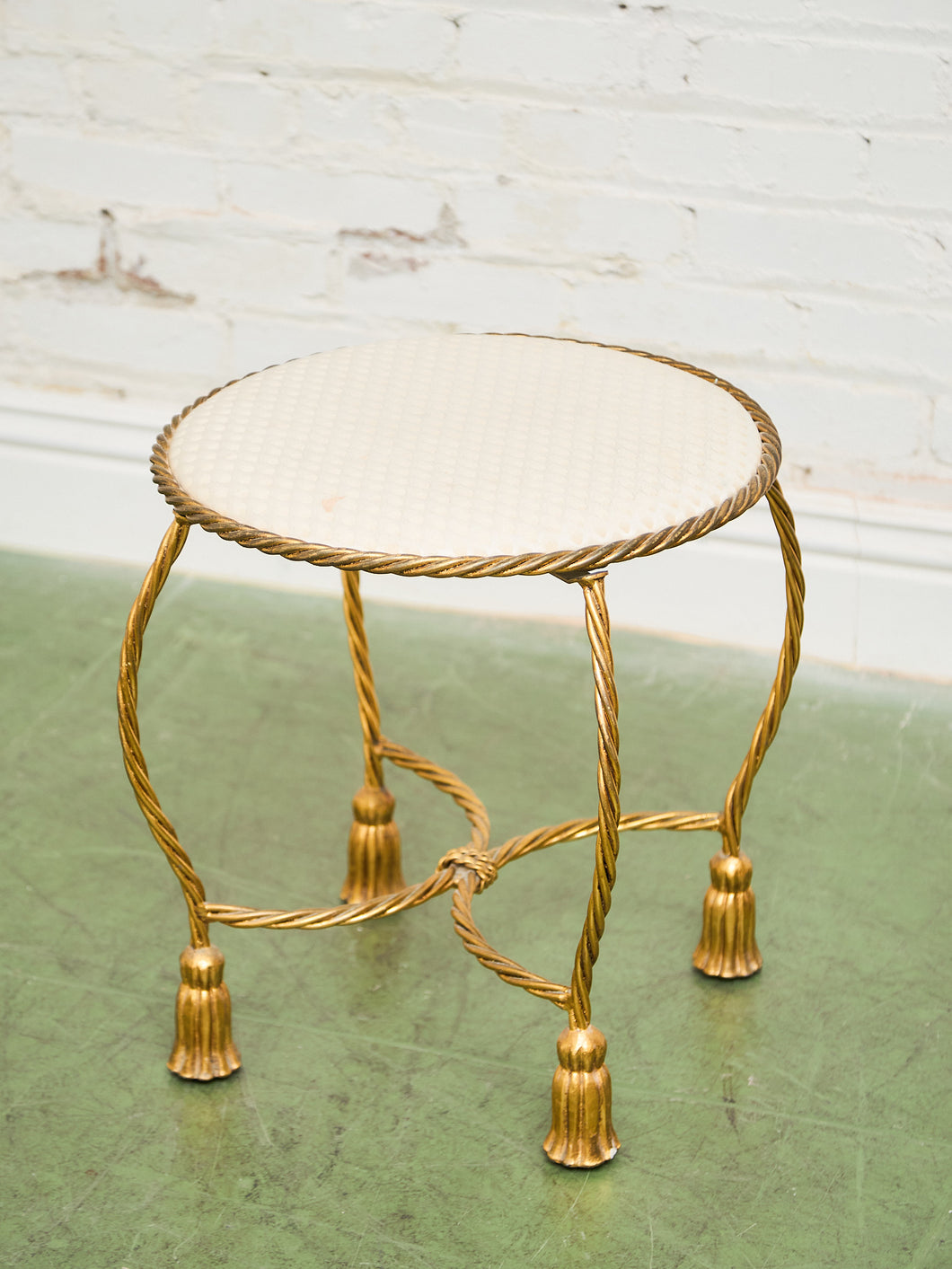 Italian Gold Gilt Iron Rope Tassel Knotted Round Stool Ottoman Bench