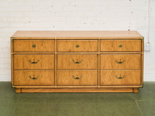 Load image into Gallery viewer, Drexel Campaign Mid Century Pecan and Brass 9 Drawer Long Dresser
