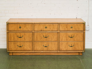 Drexel Campaign Mid Century Pecan and Brass 9 Drawer Long Dresser