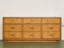 Load image into Gallery viewer, Drexel Campaign Mid Century Pecan and Brass 9 Drawer Long Dresser
