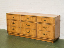 Load image into Gallery viewer, Drexel Campaign Mid Century Pecan and Brass 9 Drawer Long Dresser
