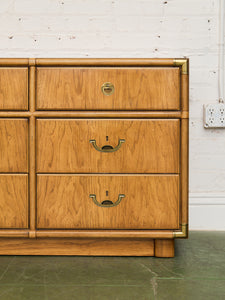 Drexel Campaign Mid Century Pecan and Brass 9 Drawer Long Dresser