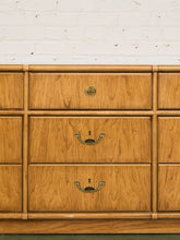 Load image into Gallery viewer, Drexel Campaign Mid Century Pecan and Brass 9 Drawer Long Dresser
