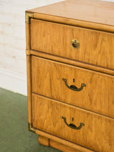 Load image into Gallery viewer, Drexel Campaign Mid Century Pecan and Brass 9 Drawer Long Dresser
