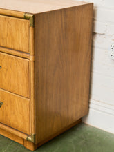 Load image into Gallery viewer, Drexel Campaign Mid Century Pecan and Brass 9 Drawer Long Dresser
