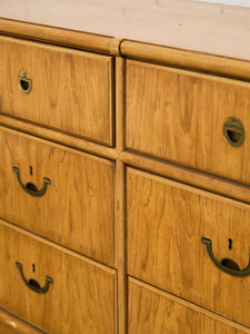 Drexel Campaign Mid Century Pecan and Brass 9 Drawer Long Dresser