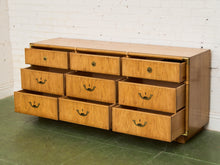 Load image into Gallery viewer, Drexel Campaign Mid Century Pecan and Brass 9 Drawer Long Dresser

