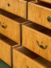 Load image into Gallery viewer, Drexel Campaign Mid Century Pecan and Brass 9 Drawer Long Dresser

