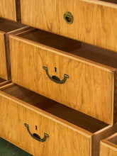 Load image into Gallery viewer, Drexel Campaign Mid Century Pecan and Brass 9 Drawer Long Dresser
