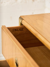 Load image into Gallery viewer, Drexel Campaign Mid Century Pecan and Brass 9 Drawer Long Dresser
