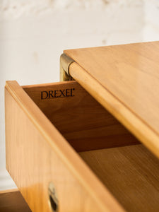 Drexel Campaign Mid Century Pecan and Brass 9 Drawer Long Dresser
