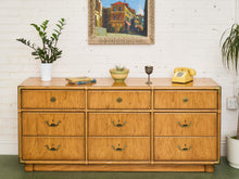 Load image into Gallery viewer, Drexel Campaign Mid Century Pecan and Brass 9 Drawer Long Dresser
