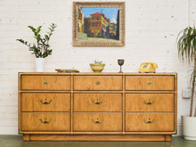 Load image into Gallery viewer, Drexel Campaign Mid Century Pecan and Brass 9 Drawer Long Dresser

