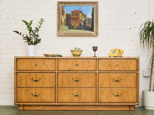 Drexel Campaign Mid Century Pecan and Brass 9 Drawer Long Dresser