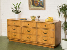 Load image into Gallery viewer, Drexel Campaign Mid Century Pecan and Brass 9 Drawer Long Dresser
